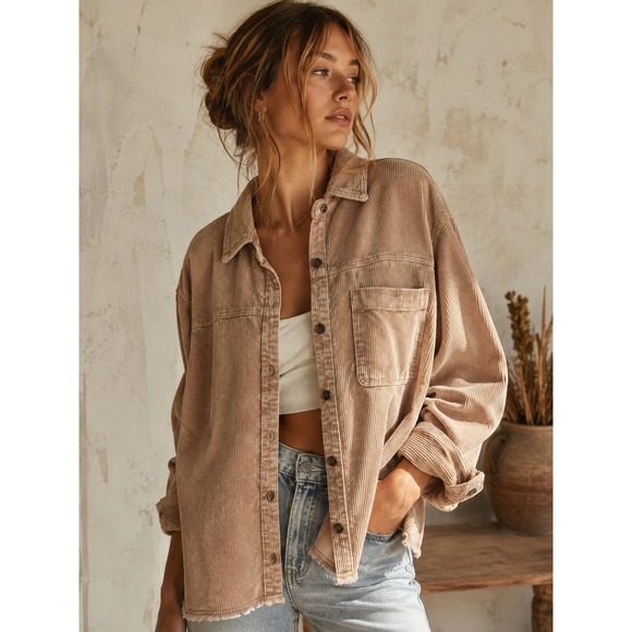 LA MIEL Tops - La Miel Oversized Corduroy Shacket Jacket Tan 100% Cotton Women's Large